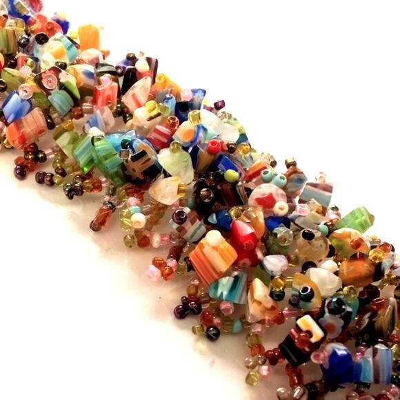 Boho Inspired Multi Color Glass Chip and Seed Bead Woven Bracelet - Picture 3 of 5
